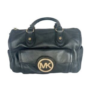 Michael Kors Margo Satchel Messenger Bag in Black Pebbled Leather Gold-tone Logo